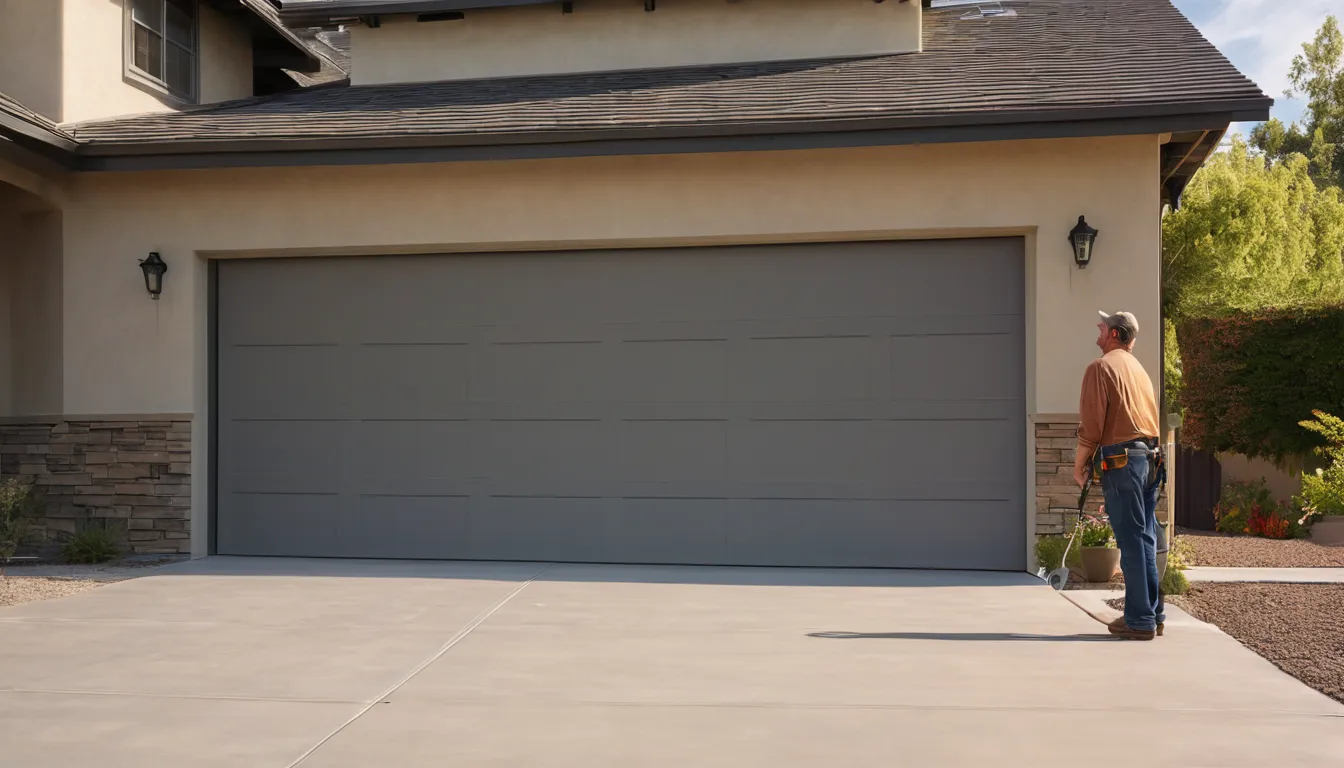 Friendly provider and homeowner checking a newly installed garage door at a stucco ranch home in Orange